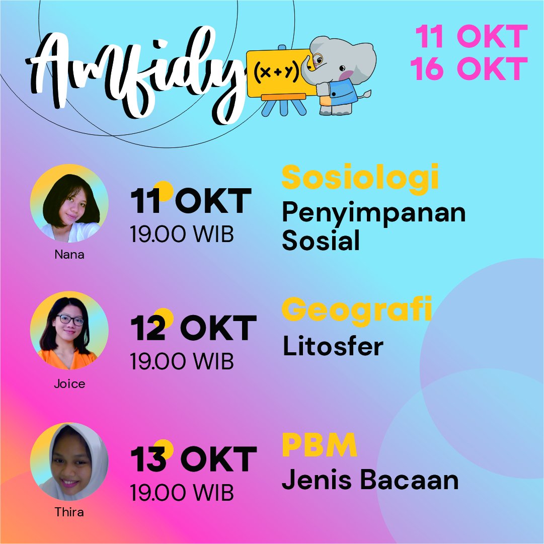 ambisforia's tweet image. ~ Amfidy  ~ 11-16 Oktober 2021 ~ 

Halo, Aria 😺

Seperti biasa kalo hari senin keluar lagi jadwal Amfidy nih 😀.  Jangan lupa ikutan Amfidy minggu ini ya , Aria 🤩

Selamat belajar dan berproses !
See you at Amfidy 😺

#ambisforia #amfidy