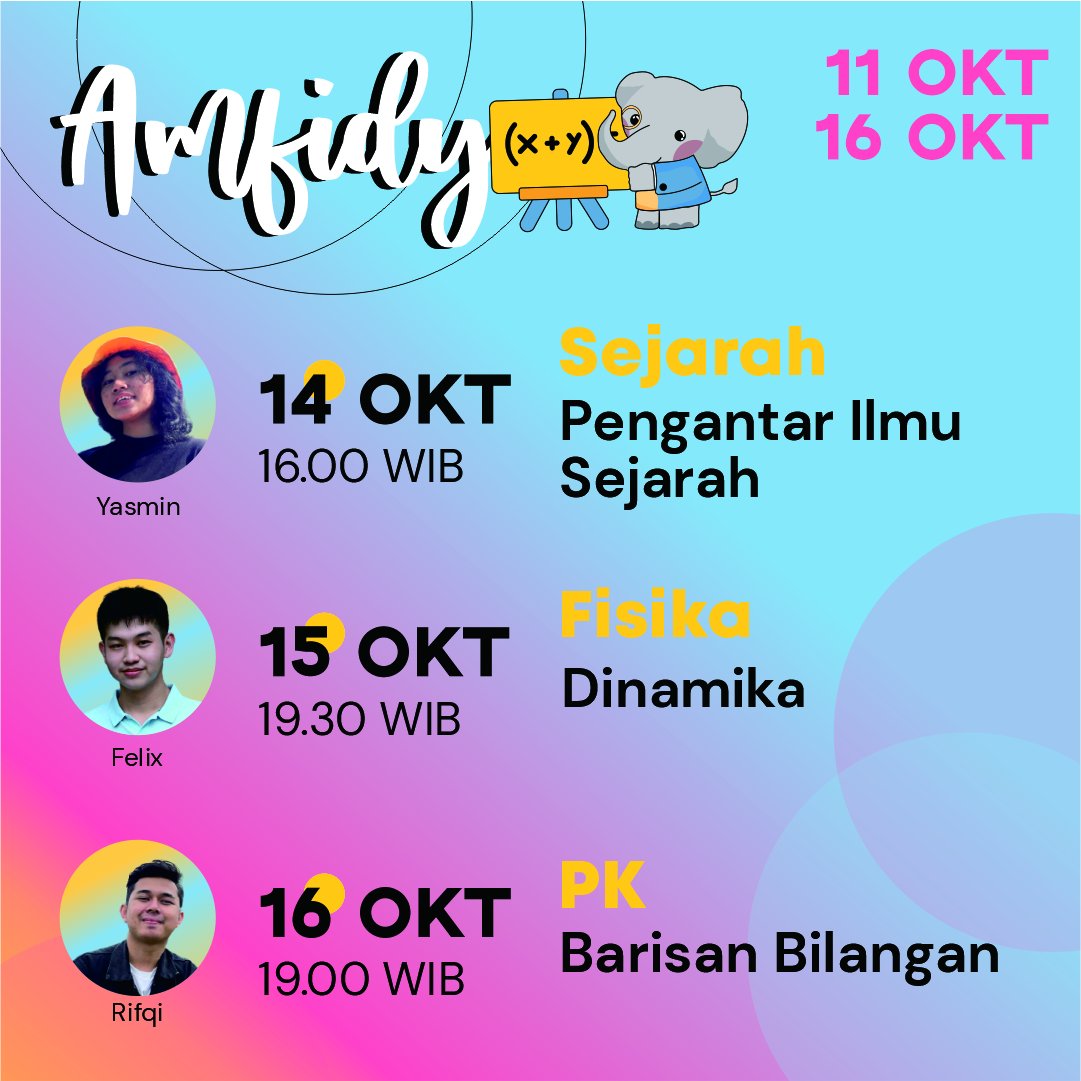 ambisforia's tweet image. ~ Amfidy  ~ 11-16 Oktober 2021 ~ 

Halo, Aria 😺

Seperti biasa kalo hari senin keluar lagi jadwal Amfidy nih 😀.  Jangan lupa ikutan Amfidy minggu ini ya , Aria 🤩

Selamat belajar dan berproses !
See you at Amfidy 😺

#ambisforia #amfidy