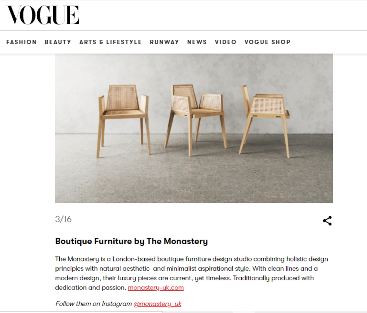 Nice Monday surprise - our Alada Dining Chair is also featured as the main banner image on <a href="/BritishVogue/">British Vogue</a> online Retail Interiors this month! vogue.co.uk/gallery/vogue-… . Visit our website monastery-uk.com or view by appointment at our studio <a href="/WSFuelTank/">Fuel Tank</a>  
<a href="/WorkspaceGroup/">Workspace</a>
