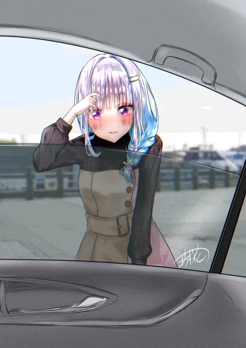 窓ガラスを鏡がわりに前髪を直す殿下 
なお車内に人がいた模様
#ヘル絵スタ 