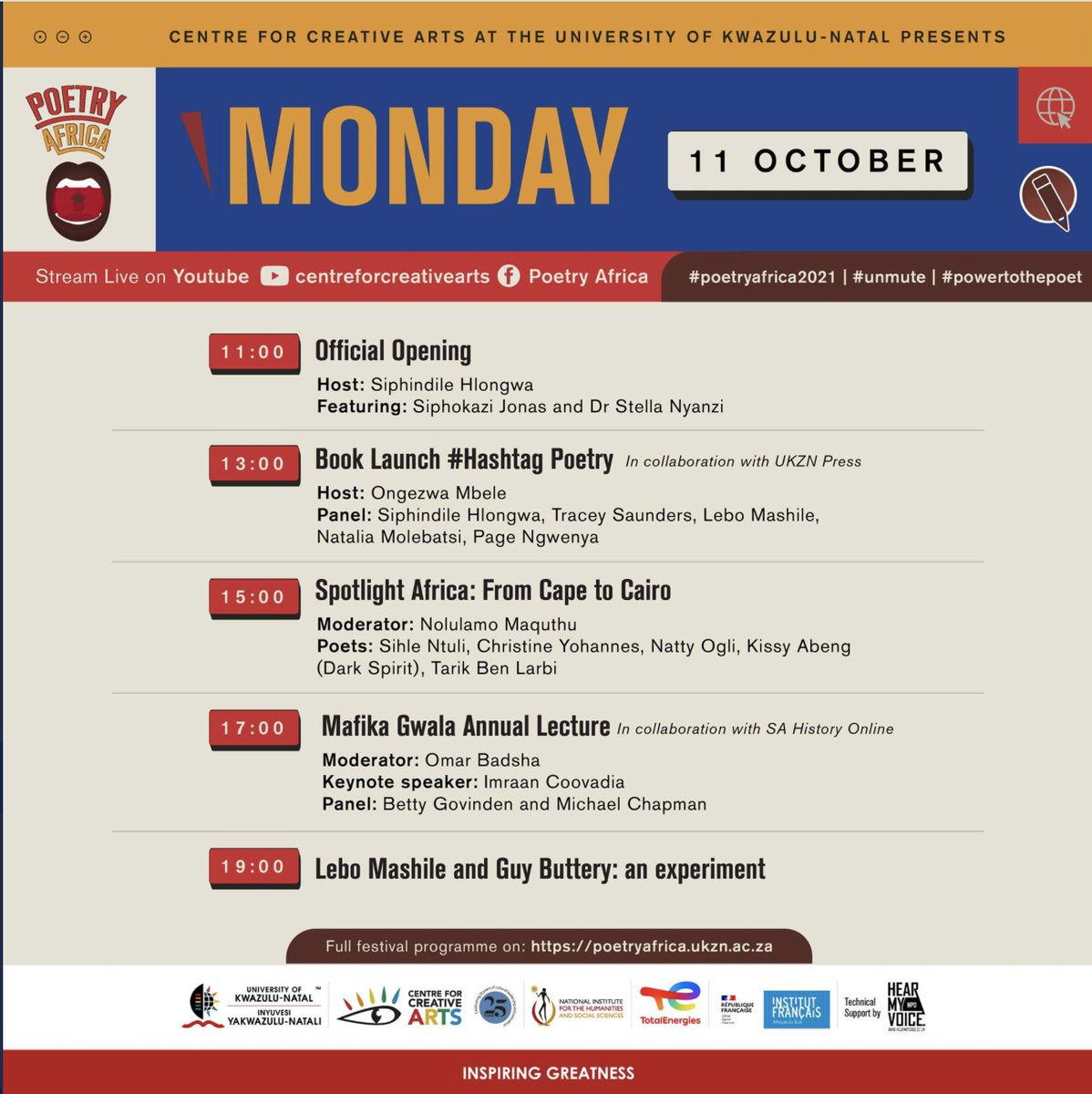 Another year of @PoetryAfrica International Poetry Festival kicks off today with the theme #PowerToThePoet. 

Congratulations @ukzncca for a FIRE line up!
#PoetryWins #Unmuted