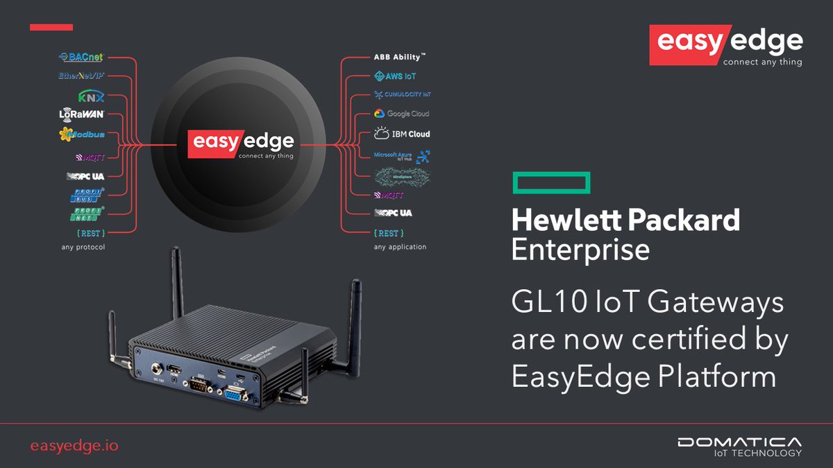 Domatica_IoT's tweet photo. Now you can connect #HPE GL10 IoT Gateways to EasyEdge Platform and get a seamless integration between brownfield devices and IoT applications. https://t.co/reclJo21Hu

#HPE_IoT #IIoT #NoCode #IoTPlatform #DigitalTransformation #EdgeComputing #IoTEdge https://t.co/R6G9VnjBbR