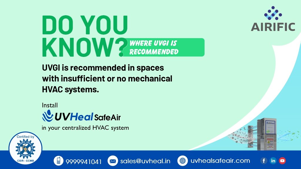 uvhealsafeair's tweet photo. UVGI, an indelible technology for today as it disinfects the air from viruses and pathogens. Install an UVGI technology based disinfectant called #UVHeal #SafeAir in your centralized AC system. 

#BreatheFree #CentralizedAc #Ducted #AirPurification #HealthCare #UVGI https://t.co/1O2sXybmAy