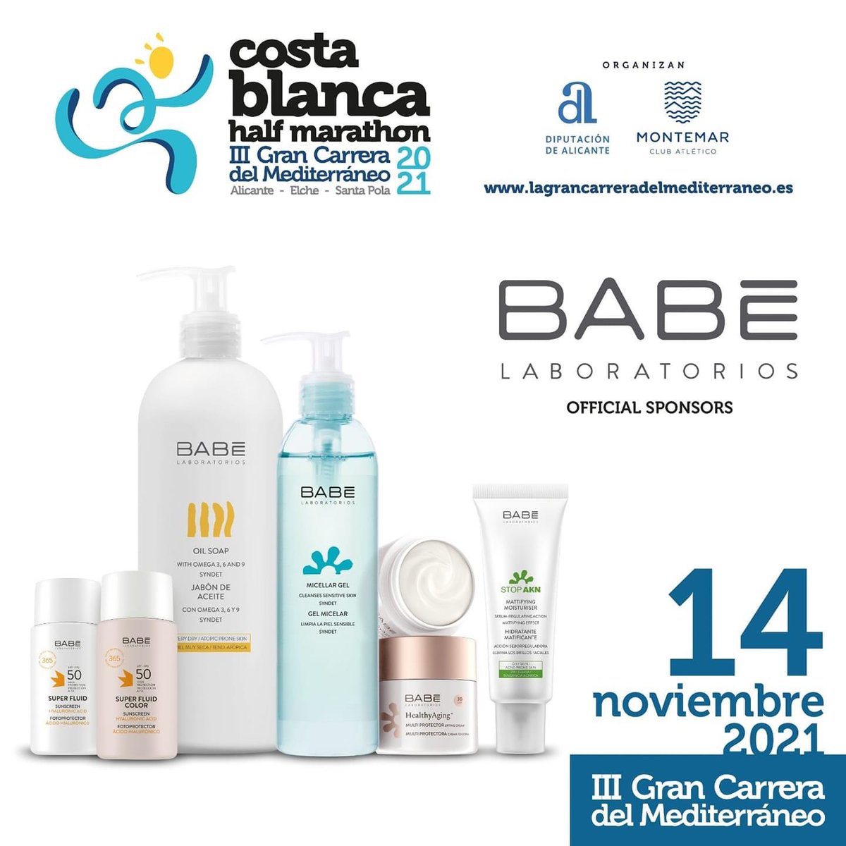 GCMediterraneo's tweet photo. ¡We want you, BABE!
Todos los Mediterunners encontrarán en su Bolsa del Corredor un pequeño lote de productos BABE para que puedan sentir con toda seguridad la Costa Blanca Half Marathon - III Gran Carrera del Mediterráneo a flor de piel.
#laboratoriosbabe #21k #costablanca https://t.co/yf3V6WI4UO
