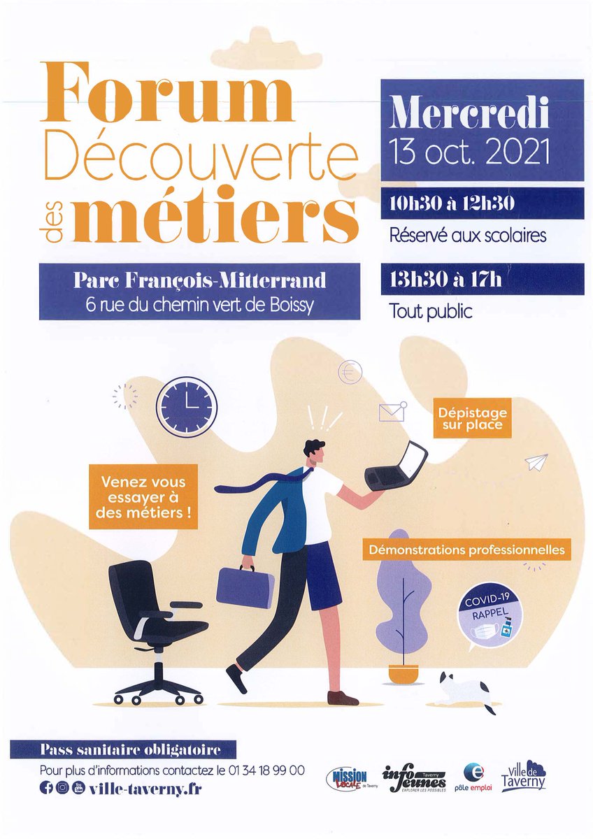 📣 Retrouvez nos équipes de la #SmartUniversité et l' <a href="/E2C95/">École de la 2e Chance en Val-d’Oise</a> au forum DÉCOUVERTE DES #MÉTIERS qui se tiendra ce mercredi 13 octobre sur la commune de la <a href="/villetaverny/">Ville de Taverny</a> ! 
L'occasion d'essayer des différents métiers et d'assister à des démonstrations #professionnelles ! 🤩