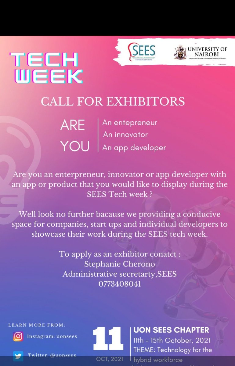 uonsees's tweet photo. Have you registered to be an exhibitor for the SEES Techweek?
Here's the sign up link https://t.co/0T4teBQgYy https://t.co/fDTKPmTdYq