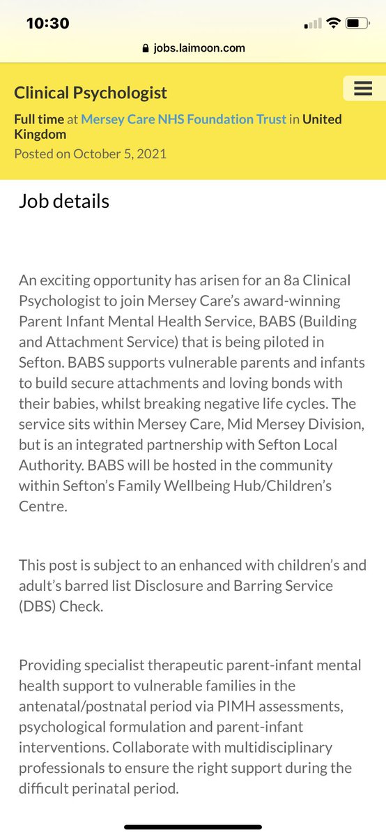 Looking for a Passionate 7/8a Clinical Psychologist/Therapist to join our new Sefton BABS (Parent Infant Mental Health Service) to build bonds &amp; break cycles for Sefton families. If your interested in working with our National Award winning PIMH service - please see NHS Jobs x