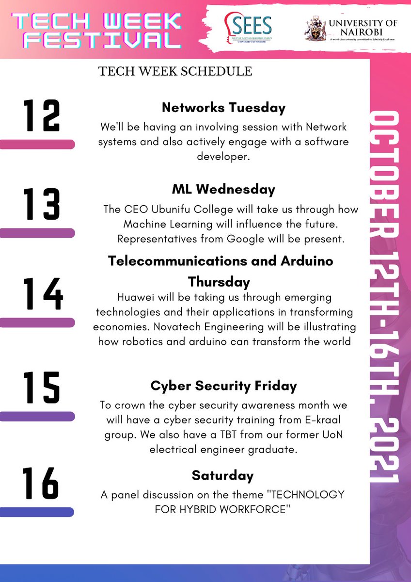 uonsees's tweet photo. During the SEES Techweek our able panel will tackle the following topics extensively 
Network systems
Machine learning
Emerging technologies in telecommunications
Cyber security
 See you then 🕺💃🥳#SEESTechweek
#CybersecurityAwarenessMonth https://t.co/dYpfAfChZa