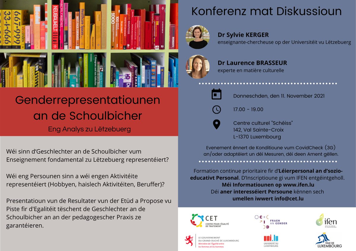 Konferenz : Presentatioun vun der Etude iwwert Genderrepresentatiounen an de Schoulbicher am Enseignement fondamental zu Lëtzebuerg. Wéi gesäit et aus? <a href="/luxembourgmega/">MEGA Luxembourg</a> <a href="/cetlux/">CET - Centre pour l'égalité de traitement</a> <a href="/CIDfeminism/">CID Fraen an Gender</a> <a href="/uni_lu/">uni.lu</a>