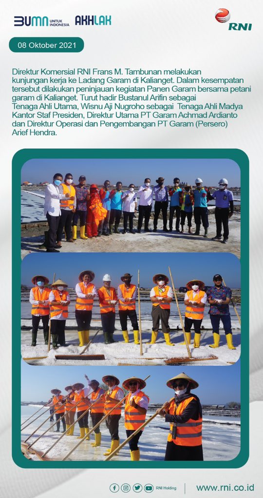 idfood_official's tweet photo. #RNIFlashNews
Direktur Komersial RNI Frans M. Tambunan melakukan kunjungan kerja ke Ladang Garam di Kalianget. Dalam kesempatan tersebut dilakukan peninjauan kegiatan Panen Garam bersama petani garam di Kalianget.
#BUMNUntukIndonesia
#BUMNKlasterPangan
#RNIGroup https://t.co/acF4UEGPn5