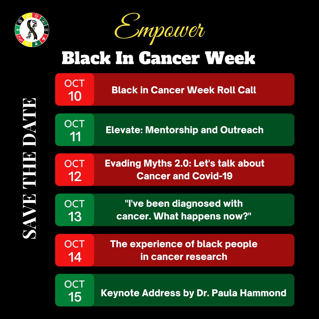 Yesterday was fun getting to virtually meet all you amazing people during the #BlackinCancerRollCall but we are just getting started! 💃🏾

This year's #BlackinCancerWeek21 theme is #Empower and here is a thread of all the events we've got planned this week⬇️⬇️   (1/6)