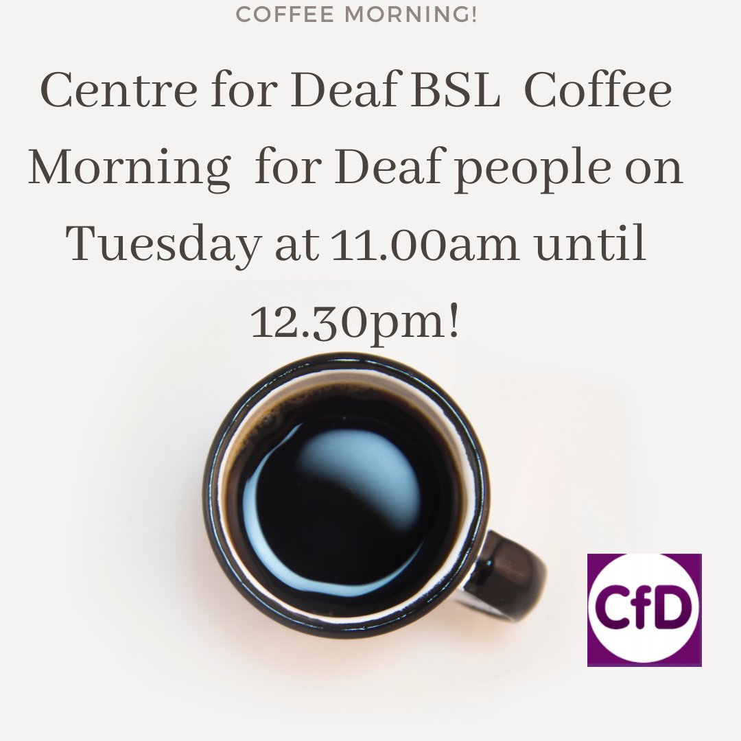 Centre for Deaf BSL Coffee Mornings for Deaf People on Tuesday from 11.00am until 12:30pm on Zoom.!!!
So come and join us! Please share with Friends and Family, everyone is welcome!
Click here to join the conversation: 👇us02web.zoom.us/j/84730841923
#Coffee #deaf #HardofHearing #chat