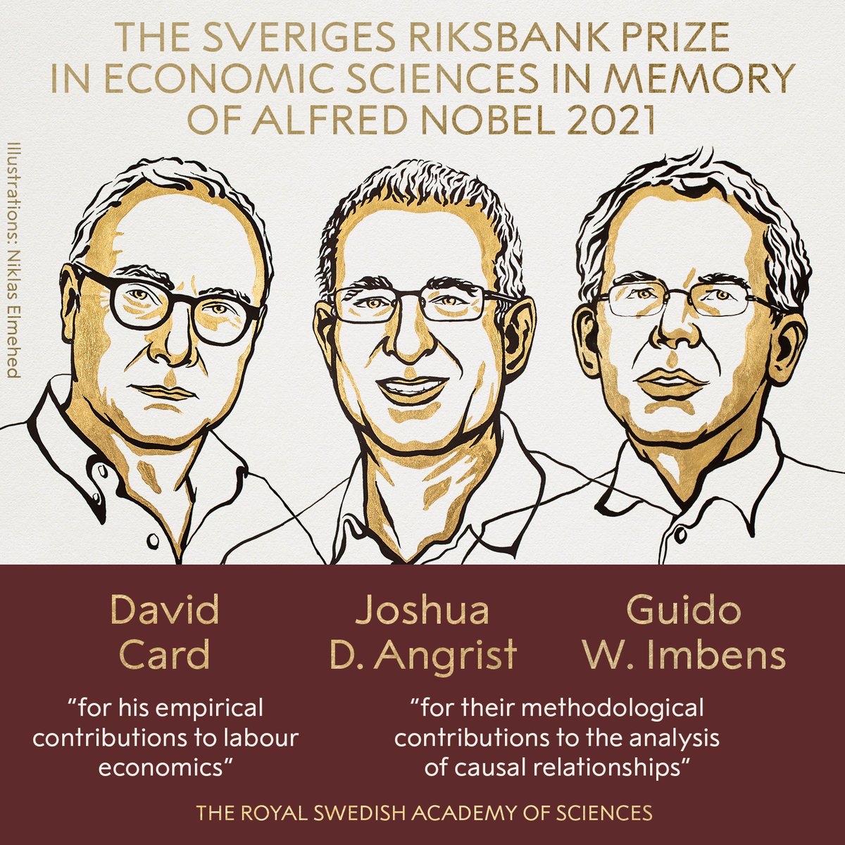 BREAKING NEWS: The 2021 Sveriges Riksbank Prize in Economic Sciences in Memory of Alfred Nobel has been awarded with one half to David Card and the other half jointly to Joshua D. Angrist and Guido W. Imbens. #NobelPrize