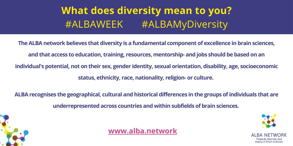 network_alba's tweet image. On the 1st day of #ALBAWeek, we raise the question: What does diversity mean to you?
The word has become overwhelmingly used in society. Everyone has different perspectives on what it means to them. 
Share your own definition using #ALBAMyDiversity
 #GlobalDiversityAwarenessMonth