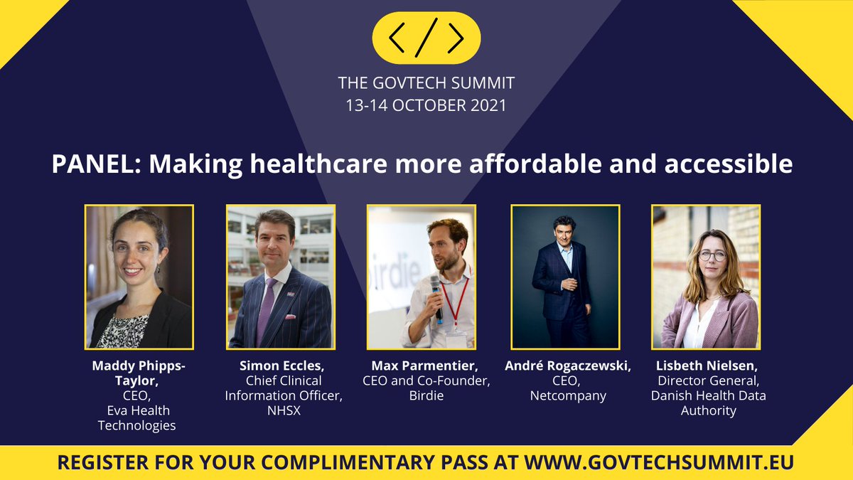 The GovTech Summit (@sommetgovtech) on Twitter photo How do we make #healthcare more affordable & accessible? And how can innovative #tech solutions help? Don't miss <a href="/maddy_p_t/">Maddy Phipps-Taylor</a>, Simon Eccles, @NHSX, <a href="/Max_Parmentier/">Max Parmentier</a>, André Rogaczewski, @netcompany_uk & <a href="/hejlisbeth/">Lisbeth Nielsen</a> discussing this vital issue this Thursday.
💻bit.ly/2XZNxEM How do we make #healthcare more affordable & accessible? And how can innovative #tech solutions help? Don't miss <a href="/maddy_p_t/">Maddy Phipps-Taylor</a>, Simon Eccles, @NHSX, <a href="/Max_Parmentier/">Max Parmentier</a>, André Rogaczewski, @netcompany_uk & <a href="/hejlisbeth/">Lisbeth Nielsen</a> discussing this vital issue this Thursday.
💻bit.ly/2XZNxEM