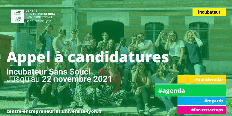 Calendrier - Appel à candidatures incubateur Sans Souci
📌 Notre #incubateur de Sans Souci est prêt pour accueillir ses nouvelles promotions START et UP à La Manufacture des Tabacs, Lyon 8 !
🗓 Inscriptions jusqu’au lundi 22 novembre 2021
Candidatures 👉 bit.ly/3fHLYQs