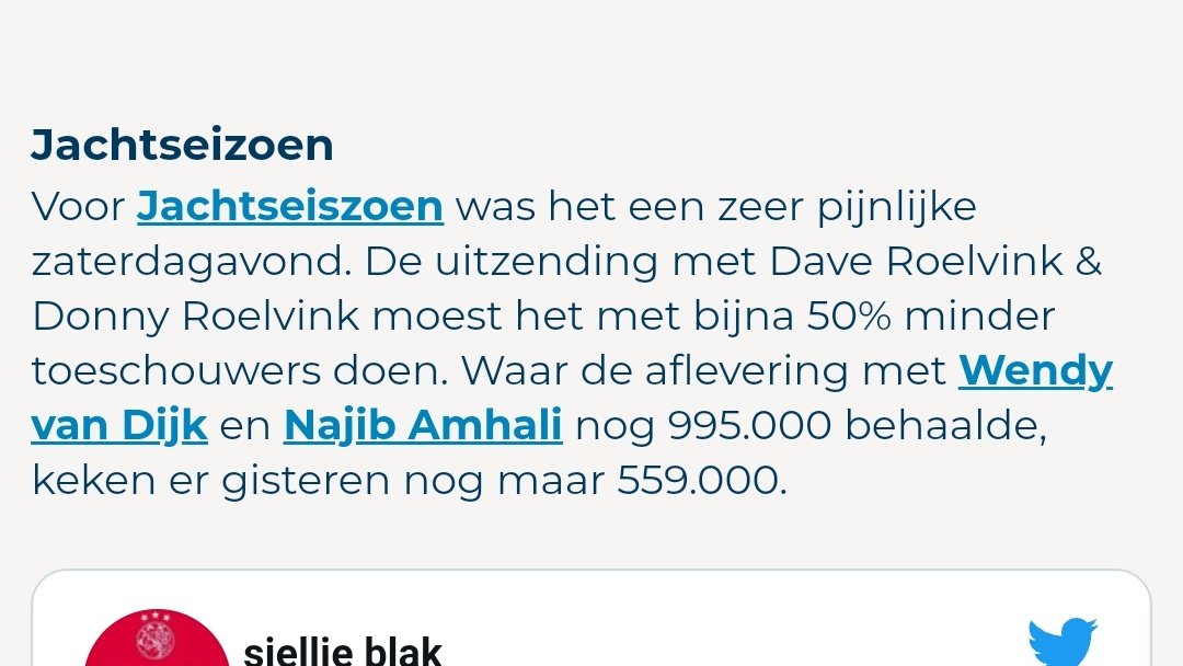 Als je een stukje schijft moet je wel de juiste cijfers vergelijken, de ene kijkcijfers zijn met uigesteld kijken kijkers erbij en de andere zonder 🙈 dom foutje <a href="/Televizier/">Televizier</a> 
Inmiddels zitten we al 826.000 kijkers