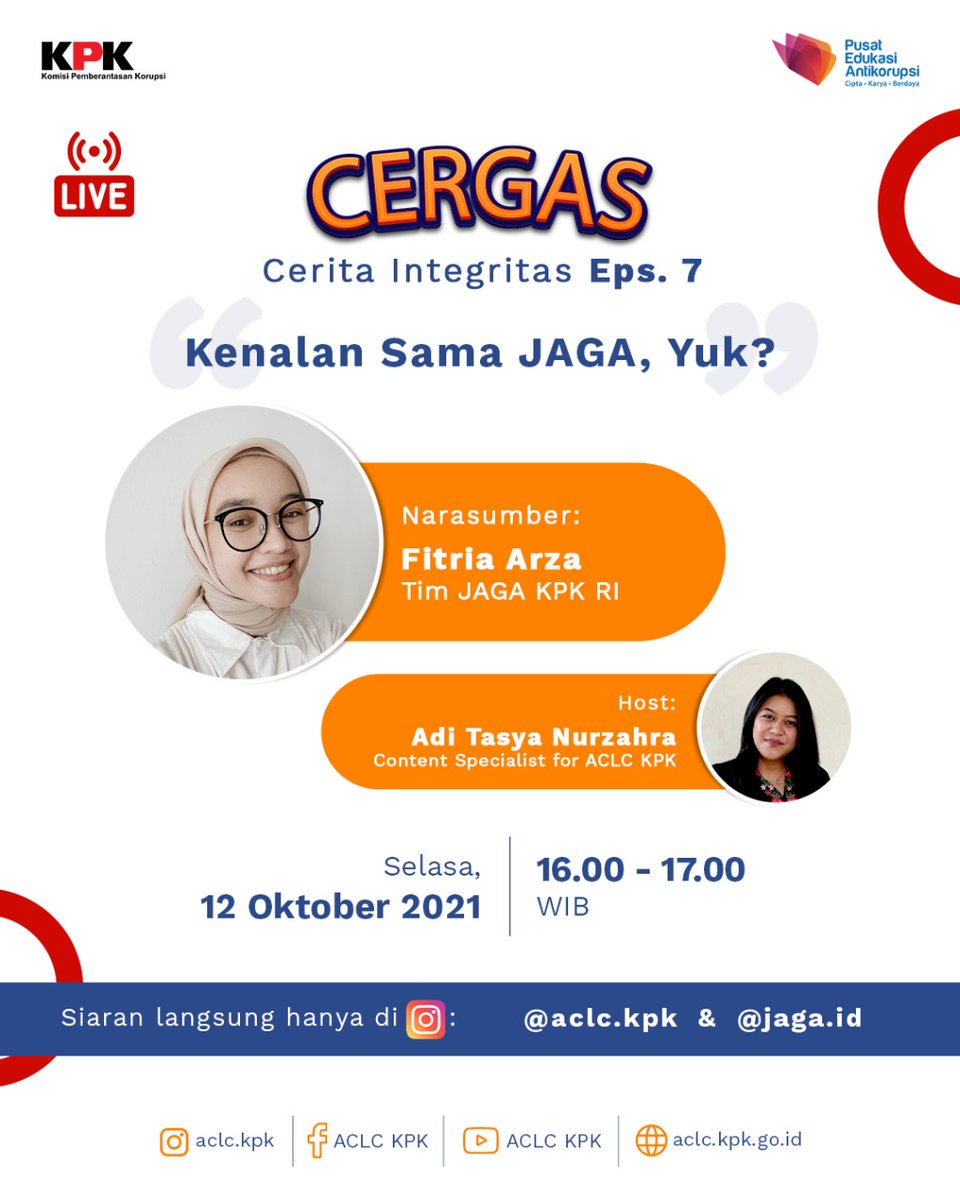 KPK_RI's tweet photo. Halo #KawanAksi! Ikuti Cerita Integritas Episode 7: Kenalan Sama JAGA, yuk! Besok, 16.00 - selesai di Akun Instagram @/aclc.kpk dan @/jaga.id @jaga_id. https://t.co/6i9ggG9DZP