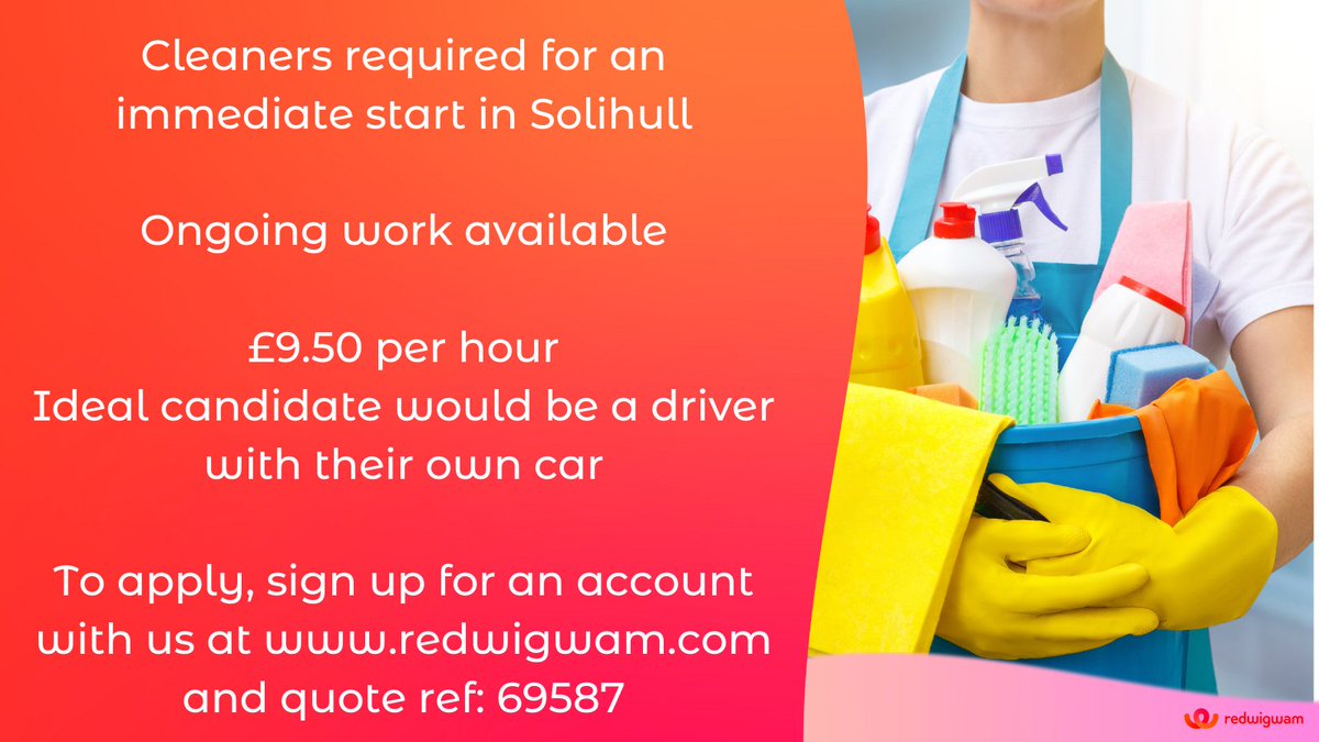 redwigwam's tweet photo. #Cleaners needed urgently in #Solihull , to apply click the link to sign up with us and quote job ref: 69587

https://t.co/hjLg8gwsJN

#flexyjobs #cleaningjobs #jobsinsolihull #redwigwam https://t.co/2CcxSC8b1S