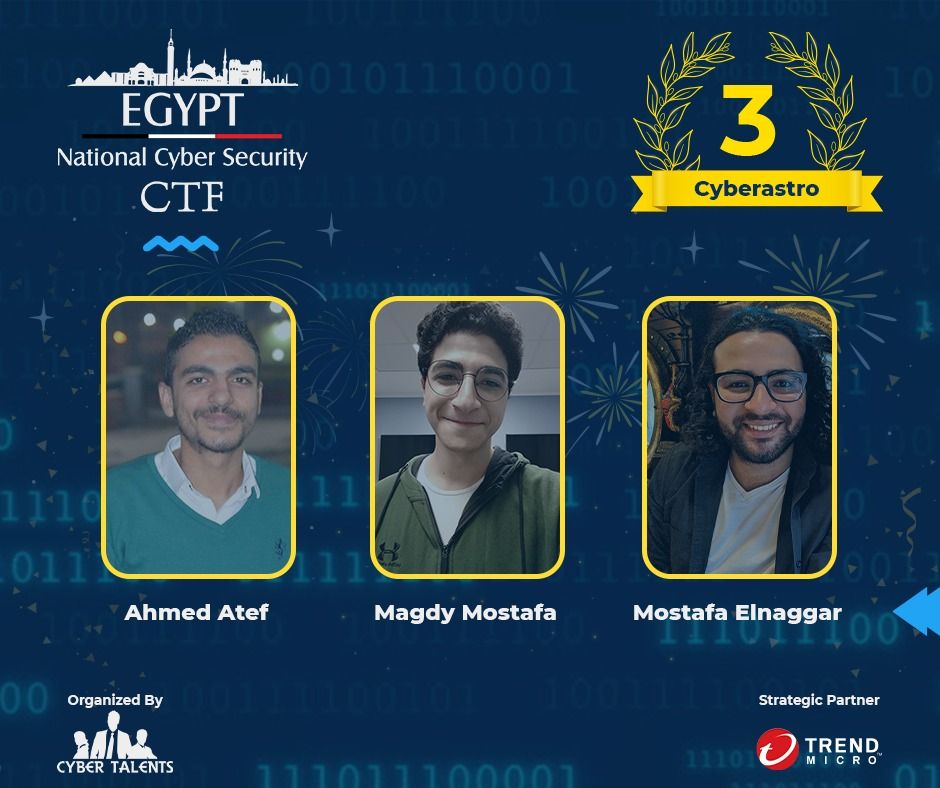 Congratulations to the Top 3 winners of Egypt National CTF 🇪🇬 Heroic Performance 💪 Get Ready for the Arab and Africa Regional CTF 2021 🏆 buff.ly/3irqdqe

#CyberTalents #Cybersec #Informationsecurity #Informationtechnology #Egypt #CTF #NationalCTF #Winners #RegionalCTF