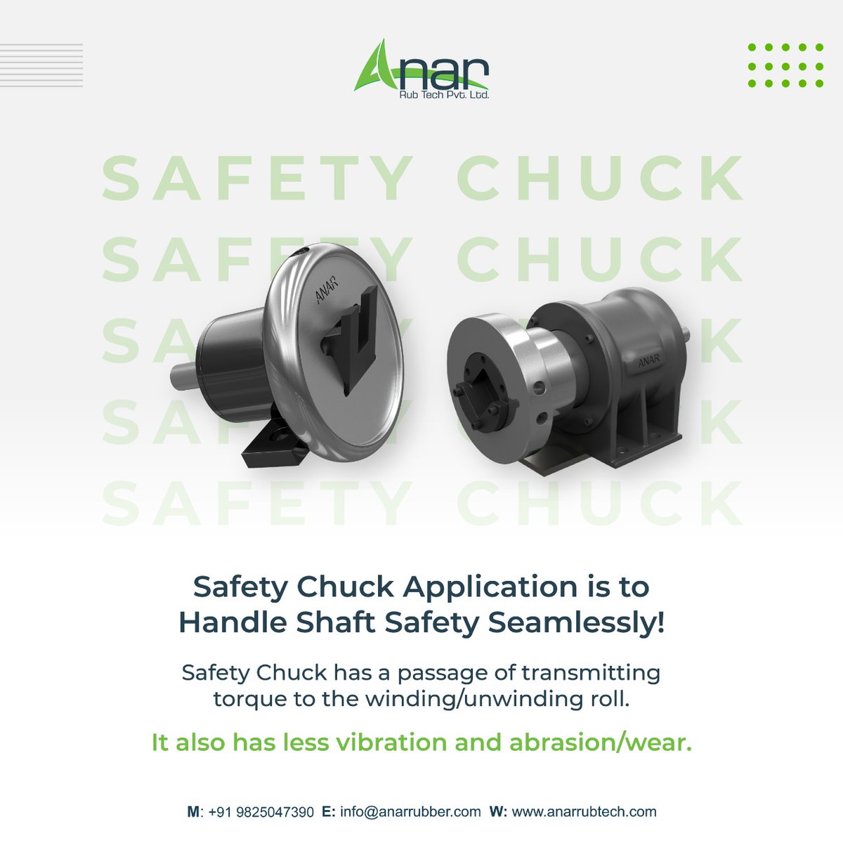 AnarRubTechPLtd's tweet photo. Safety Chuck Application acts as a safety guard. 

It contains a passage for transmission that generates less vibration within the shaft. 
Install Safety Chuck Application for a safe and secure procedure!
Visit https://t.co/wvGtHcdGe4 for more.

#rubberroller #paperindustry https://t.co/C8a5045gdo