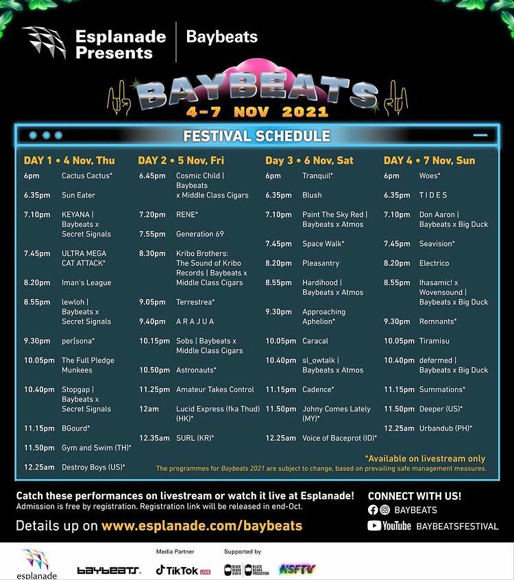 Hi All, we are honoured to be playing for this year’s Baybeats Festival on 05 November. Glad to be sharing the stage with amazing bands on board. See you all real soon!
#baybeatsfestival2021