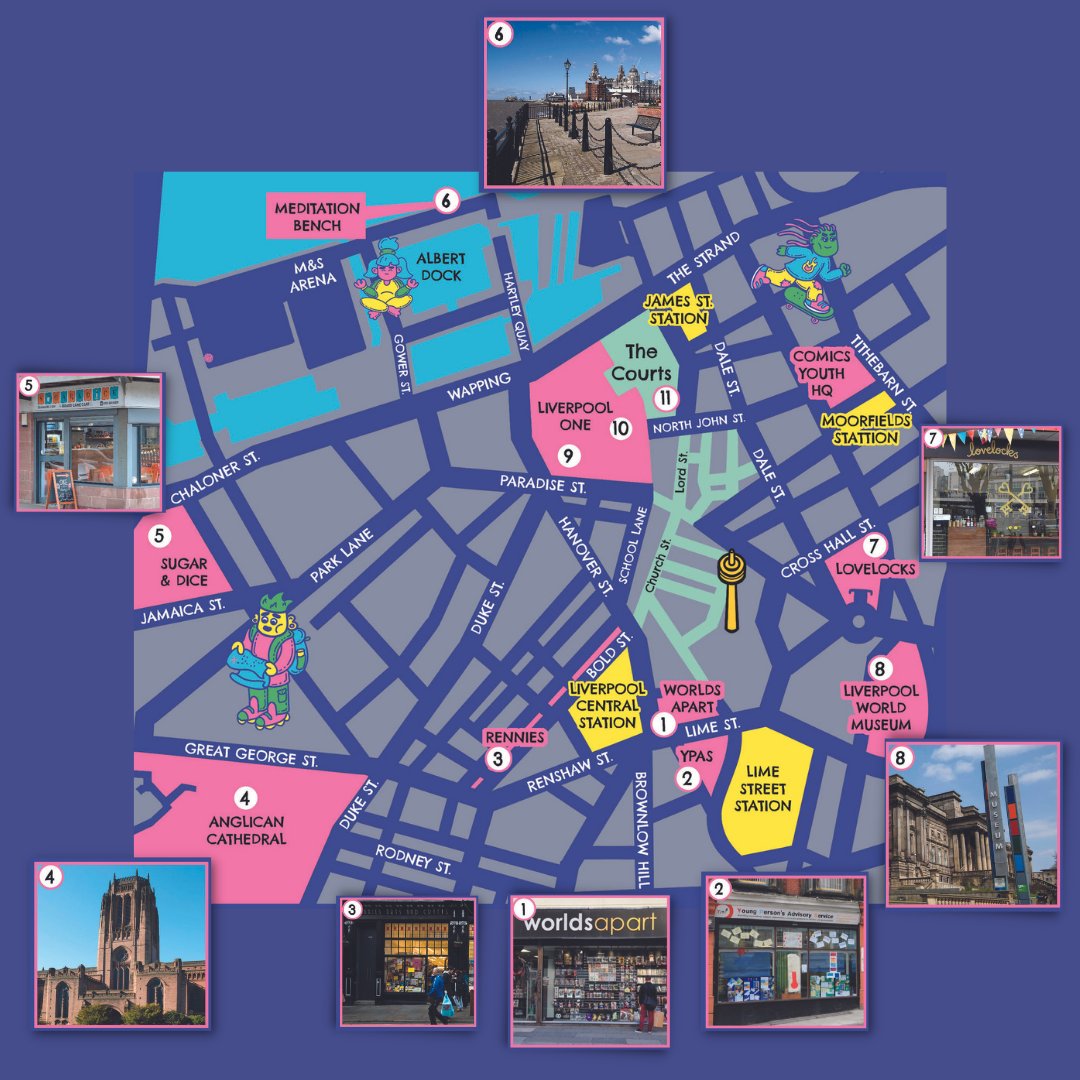 Comicsyouth's tweet photo. We have worked with young, marginalised creatives to make a trail around Liverpool City Centre to highlight the spaces where young people within the city feel safe, included, and protected. The trail consists of artwork, writing and podcast episodes made by young creatives! https://t.co/vIYSxGxxo2