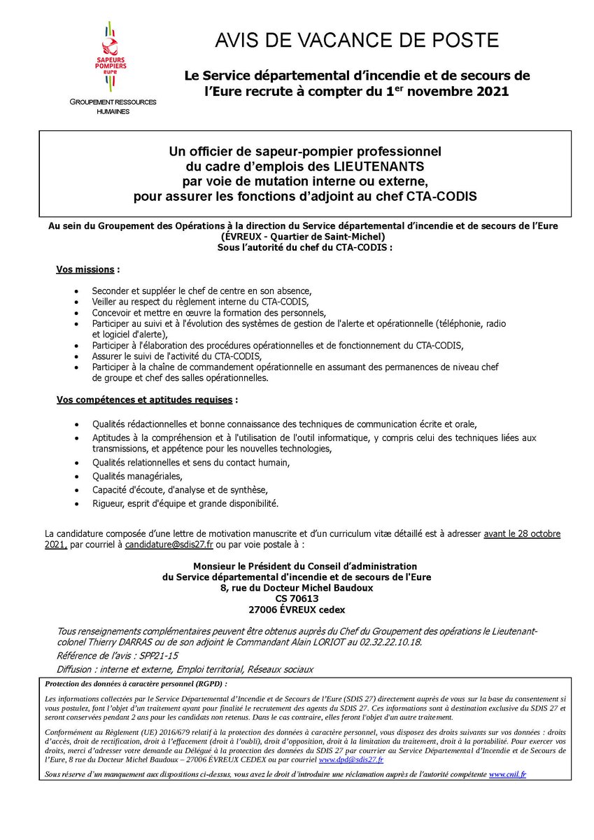 sdis27's tweet photo. #LundiMotivation nous recherchons :
 3 #Lieutenants #SPP pour :
1️⃣chef de bureau au CIS @villedelouviers / @valdereuil_info 
1️⃣prévisionniste à la direction à @epn_27 
1️⃣adjoint au chef CTA/CODIS
Rejoignez 1 équipe et Découvrez le @EureenNormandie 

📩 candidature@sdis27.fr https://t.co/VXkGaQeN7m