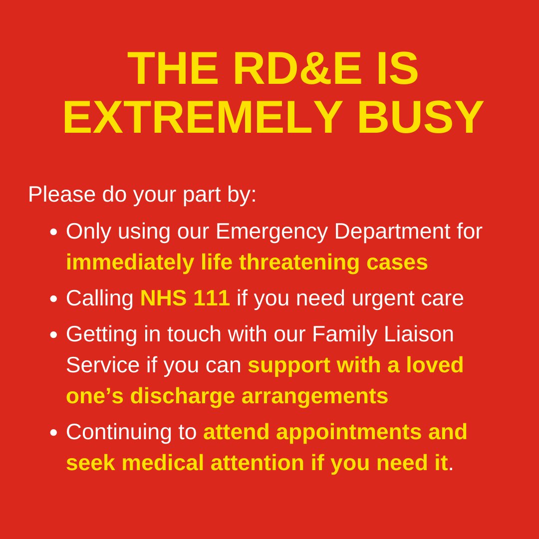 RoyalDevonNHS's tweet image. Our Emergency Department is extremely busy today with longer waits than usual. As always, if you need urgent care, before coming to our Emergency Department, please call 111 or visit 111 online first.