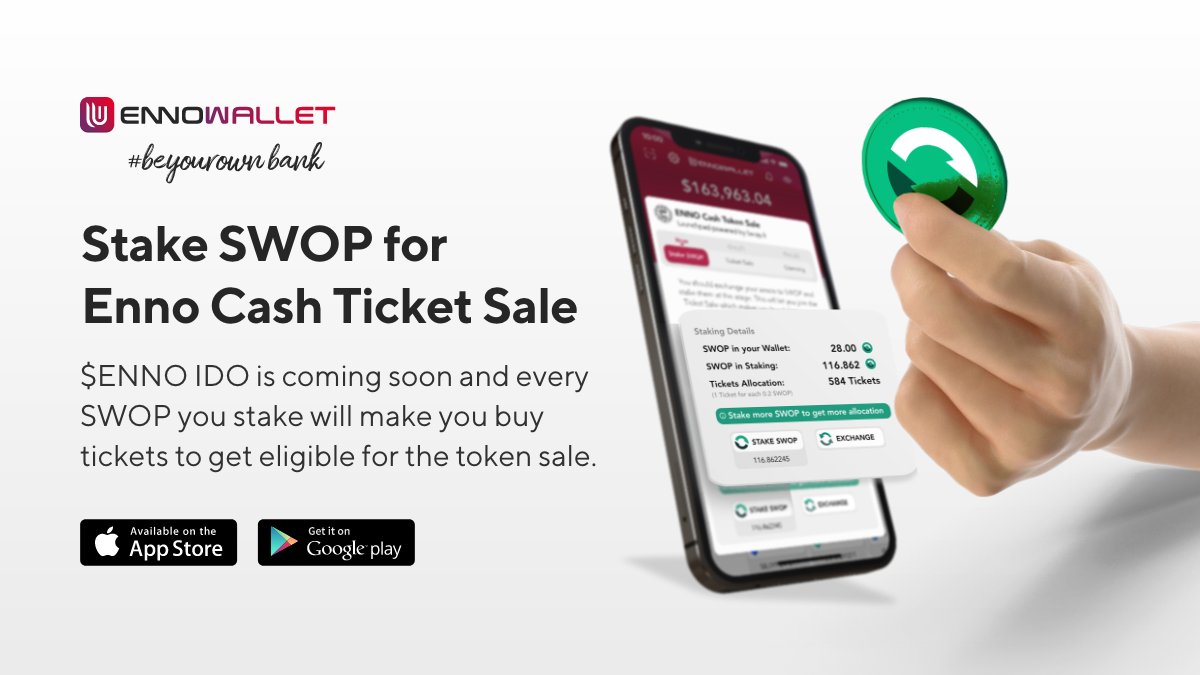 EnnoWallet's tweet photo. $ENNO Cash IDO partnered with @Swopfi is coming soon! 😎Who stake at least 0.2 SWOP on #ennowallet beforehand will get privileged to get ticket allocation for the token sale. Each ticket will be 10USDN + 0.5USDN Launchpad fee.💬Telegram https://t.co/GrKr39B6kM for your questions. https://t.co/tFEX7bNmdD