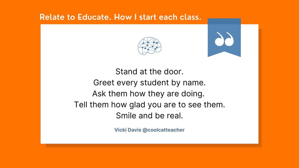 How I start each day with my students.
1️⃣Stand at the door.
2️⃣Greet every student by name.
3️⃣ Ask them how they are doing. 
4️⃣Tell them how glad you are to see them.
5️⃣Smile and be real.
I firmly believe we have to #relate2educate
It is part of being human!