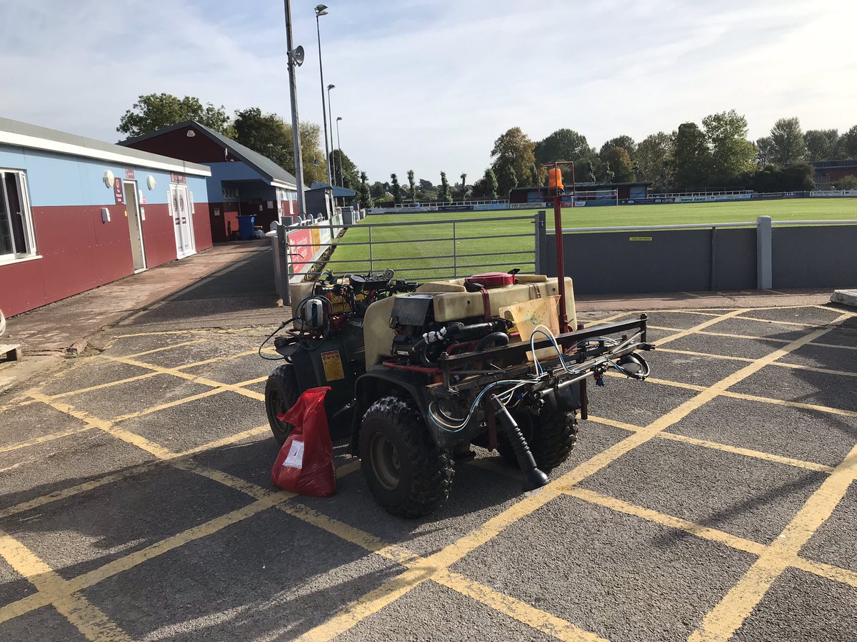 KevinSturmey's tweet photo. Top work again from Carl @CWCSomDev a mix of seaweed, iron, nitrogen, manganese &amp; humid acid. The @TauntonTownFC pitch improving all the time, very pleased to have @Groundsman_hake with us #teamwork https://t.co/YOZx3cJYef