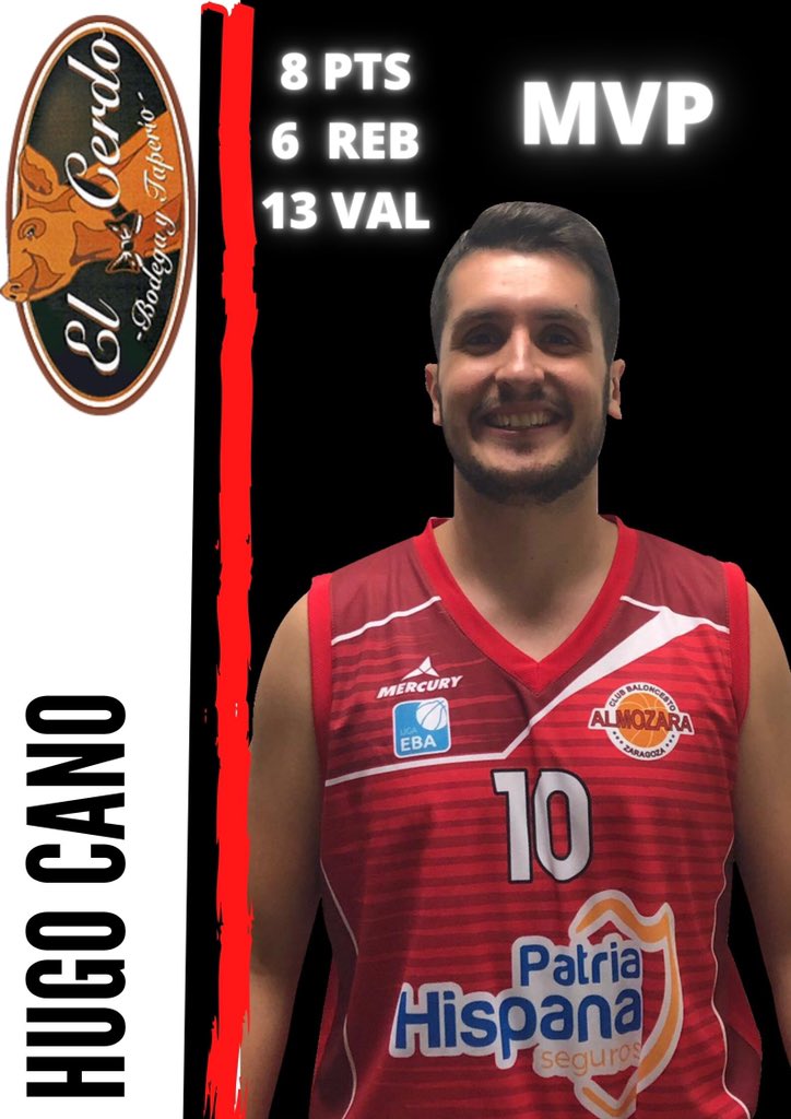 CBAlmozara's tweet photo. MVP Liga EBA CB Almozara @PatriaHispanaSe Jornada 2: HUGO CANO 🏀🏀🏀 Patrocinado por RESTAURANTE “EL CERDO”🏀🏀🏀 https://t.co/myYnQ3Tmao