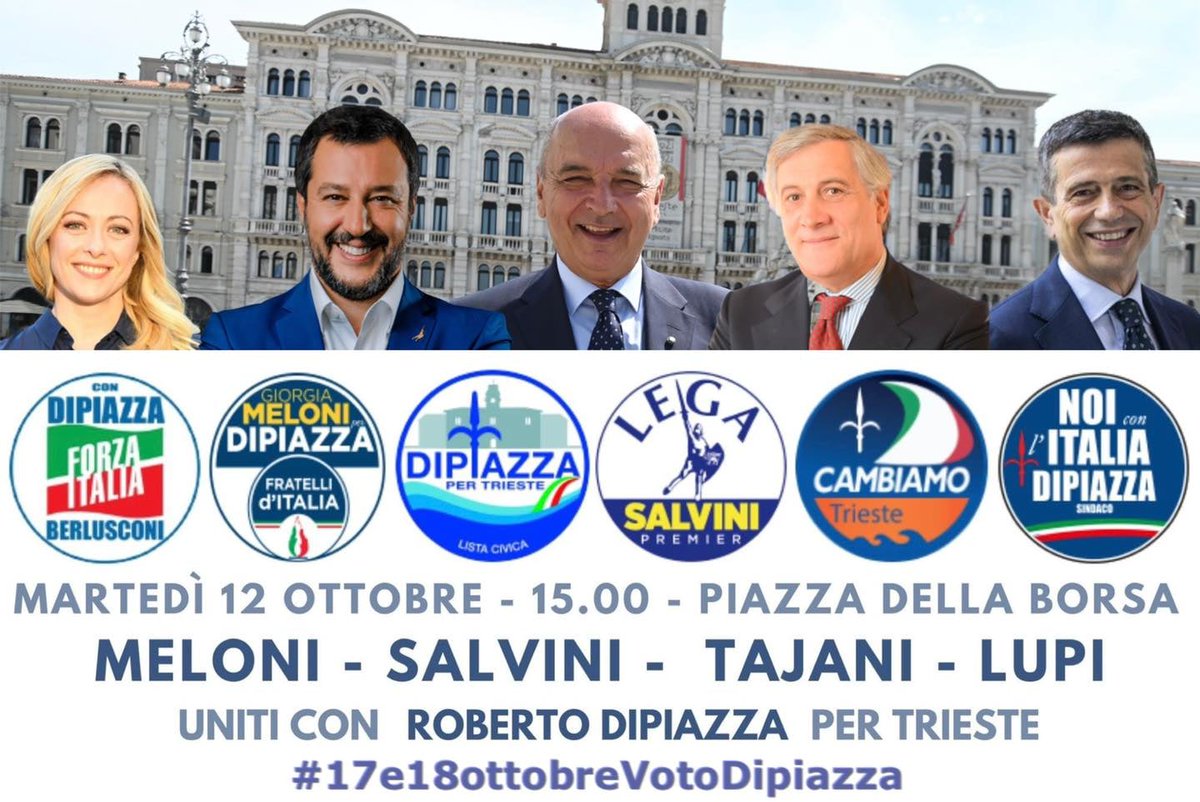 F_Scoccimarro's tweet photo. Martedì 12 ottobre, ore 15:00 Piazza della Borsa
#Trieste 
@GiorgiaMeloni @matteosalvinimi @Antonio_Tajani @Maurizio_Lupi a #Trieste uniti per sostenere la riconferma di Roberto Dipiazza Sindaco! 
Vi aspettiamo!

#FratellidItalia #fdi #giorgiameloni https://t.co/N20HbsAssS