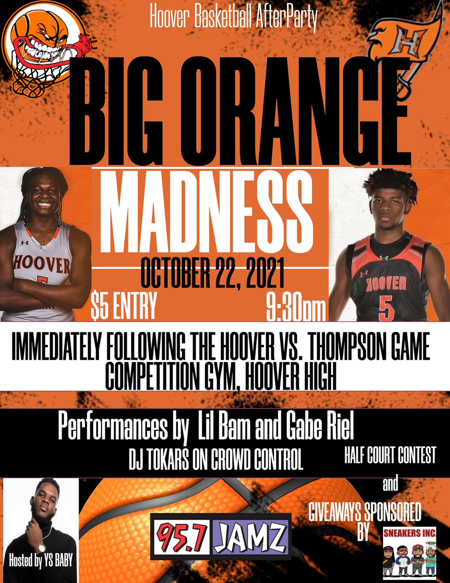 Buc Nation: Basketball season is amongst us! This year we’re going to kick it off with <a href="/HooverBucsBBall/">Hoover Bucs Basketball</a> at the 1st Annual Big Orange Madness! Next Friday (October 22nd) after <a href="/BucsFootball/">Hoover Bucs Football</a> takes on Thompson! Come meet the teams and celebrate the start of 🏀 season! 🧡