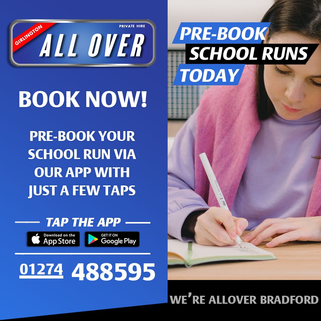 Pre-book your school run via our website.
*All of our drivers are Enhanced DBS Checked and Local Council registered. 
 
Download the FREE app today: onelink.to/regsnt
01274 488595
Girlington.co.uk
.
.
.
#prebook #bookings #cashless