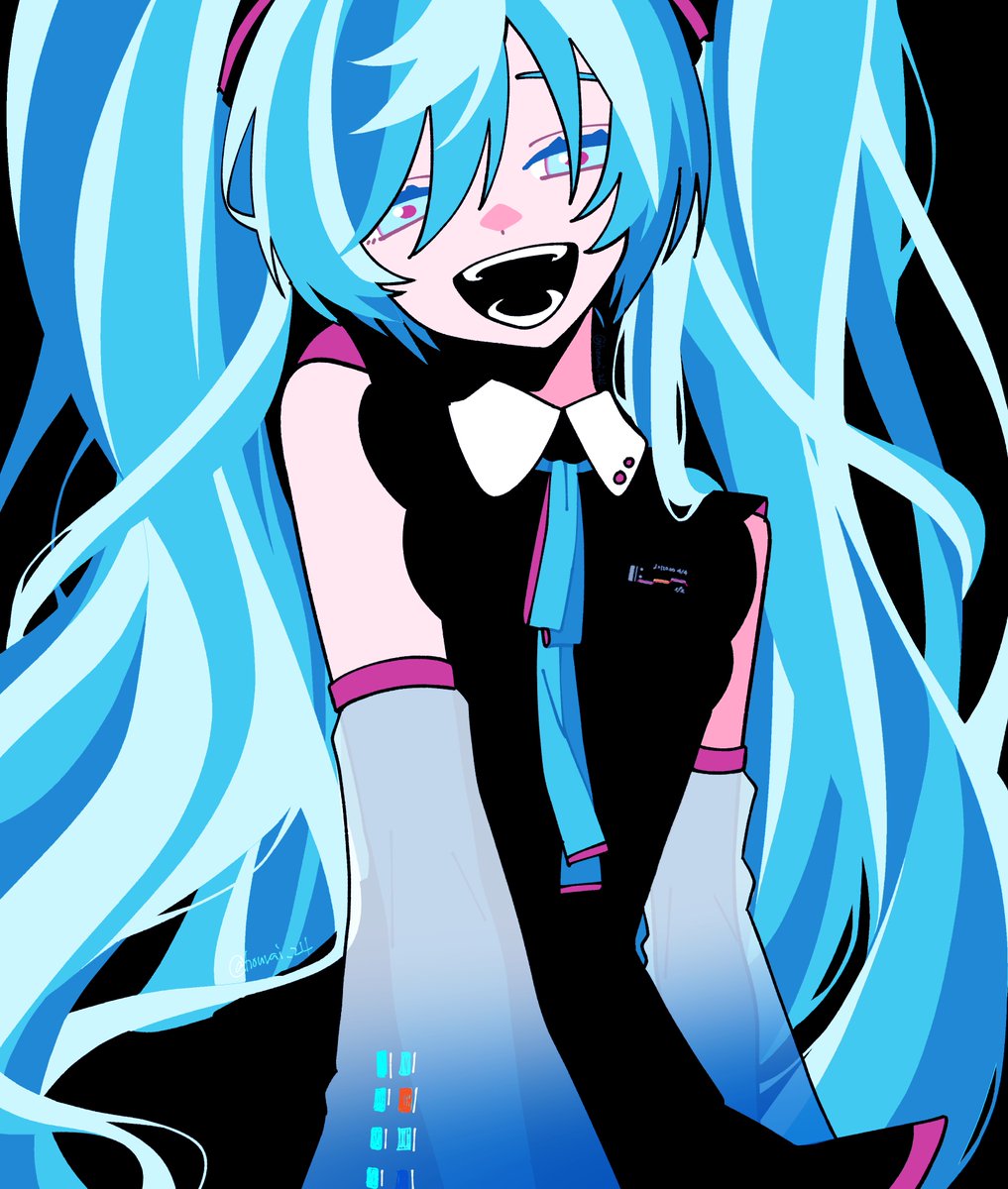 hatsune miku 1girl solo long hair twintails detached sleeves black background open mouth  illustration images