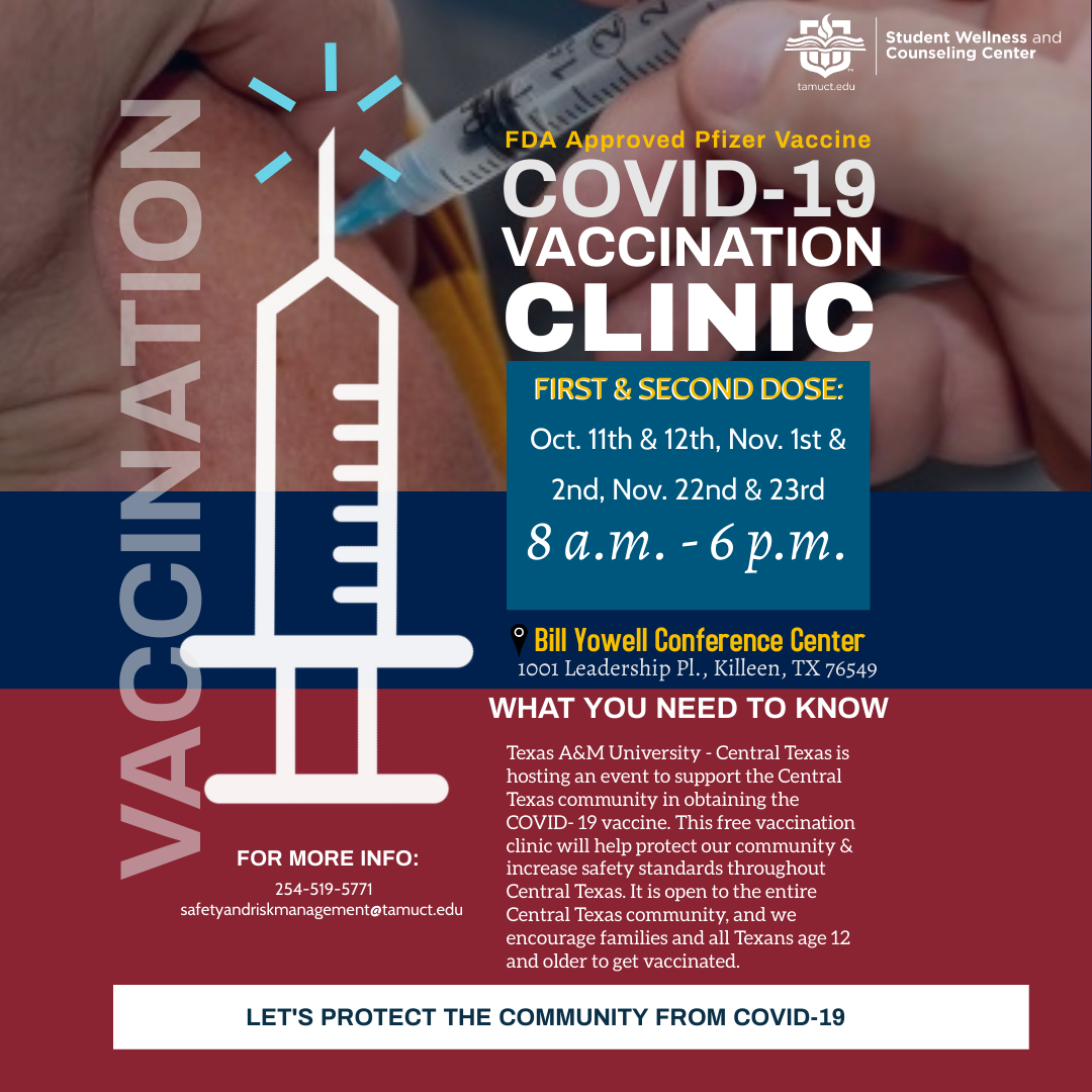 TAMUCT is hosting a free vaccination clinic event to support the Central Texas community in obtaining the COVID- 19 vaccine. It is open to the entire Central Texas community, &amp; we encourage families &amp; all Texans age 12 and older to get vaccinated.
 #killeencovidvaccine #tamuct