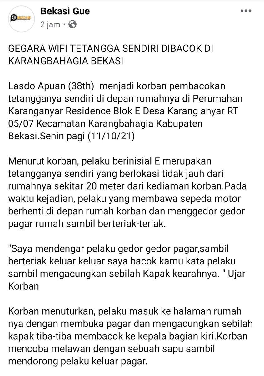 txtdrbekasi's tweet photo. Dibacok tetangga gara gara wifi https://t.co/sD7z6p3JZy