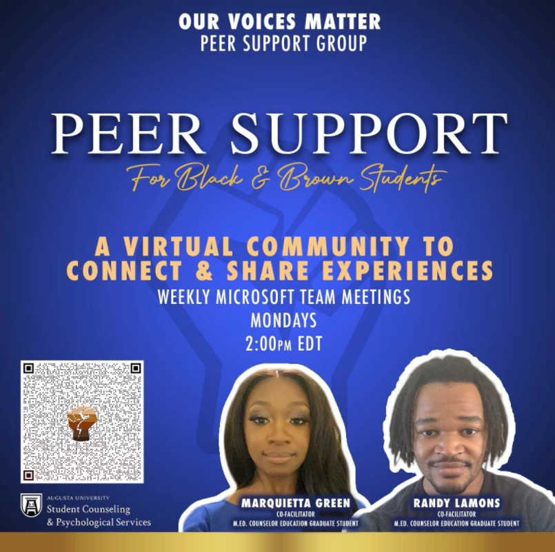 AUG_CollegeofEd's tweet photo. Augusta University is celebrating World Mental Health Day with several events including a virtual support group for Black and Brown students. The sessions are held every Monday via Microsoft Teams, to join visit: https://t.co/AN5N9BMFBv #PeerSupport #SCAPS https://t.co/l7igqbTQ93