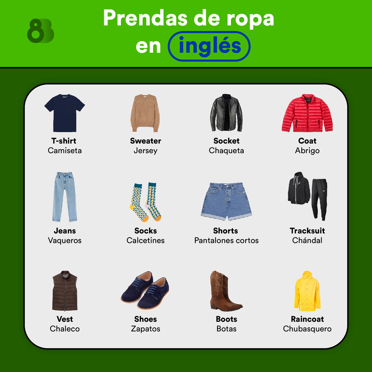 8Belts no Twitter: "¿Qué tal llevas los looks? En esta lista de vocabulario hemos metido los imprescindibles, ¿echas en falta alguna prenda? Déjanosla en comentarios 💬 En 🇬🇧, claro #unidiomaen8meses #