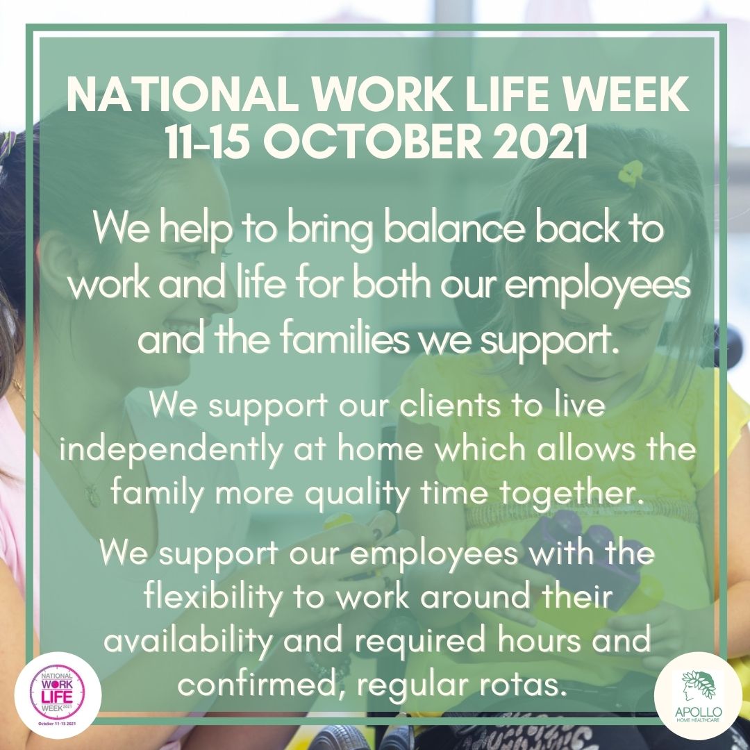 ApolloHHC's tweet photo. Today marks the start of National Work Life Week 2021. 

We help to bring balance back to work and to life for both our employees and the families we support.

https://t.co/zZE8cRaVAc

#WorkLifeWeek 
#Healthcare #ComplexCare #CareJobs #Jobs #MakeADifference https://t.co/cDlvvBznux