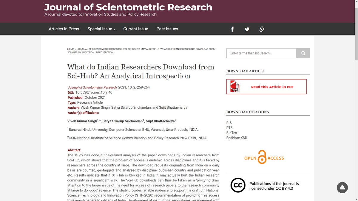 Jscires Jscires Article What Do Indian Researchers Download From Scihub An Analytical Introspection Vivek Kumar Singh Satya Swarup Srichandan Sujit Bhattacharya Read T Co Xksex0ukat T Co Teccxtx8ko Twitter