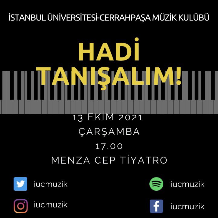 🎼🎵🎤13 Ekim Çarşamba günü yeni üyelerimizle tanışıyoruz!
👩🏻‍🎤🧑🏻‍🎤👨🏻‍🎤Tanışma toplantımız saat 17.00’de Menza Cep Tiyatro’da olacaktır. 
Yeniden kavuşmuş olmanın heyecanı ile yeni ve eski tüm üyelerimizi tanışma toplantımıza bekliyoruz. Müzik dolu, keyifli bir dönem olması dileği ile!