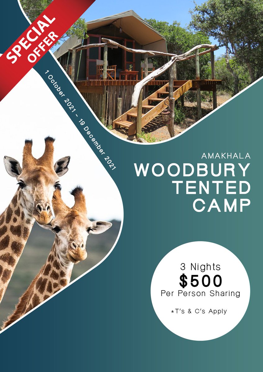 Woodbury tented camp offers an authentic bush experience.Imagine getting a 3 night stay at the rate of $ 500 per person sharing.
Rates include: 2 game drives per day, all meals, selected local beverages 
Rates exclude: Levies
Email: reservations@eastcapetours.com