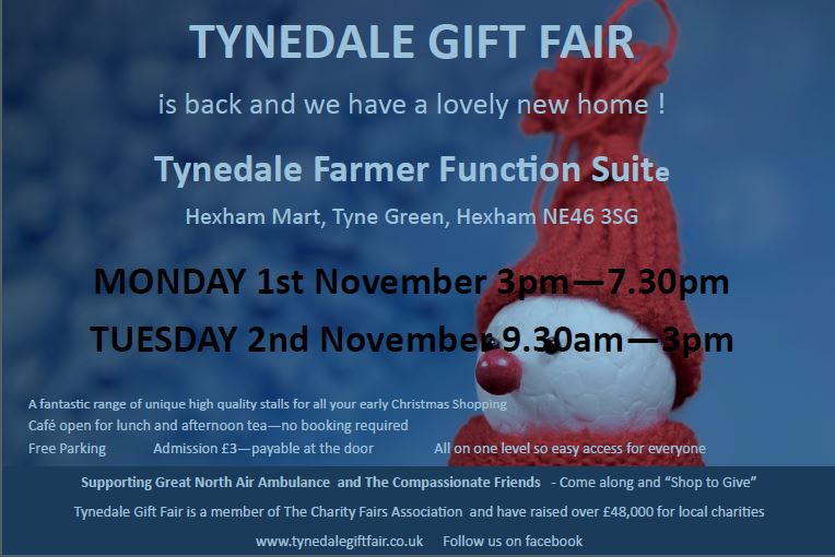 CStrakerProject's tweet image. The TYNEDALE GIFT FAIR is back for 2021 and has a new home at the Tynedale Farmer Function Suite at the Hexham Mart on Monday 1st Nov and Tuesday 2nd Nov. Our Crafty Women will be there - for more information visit facebook.com/events/1552927…