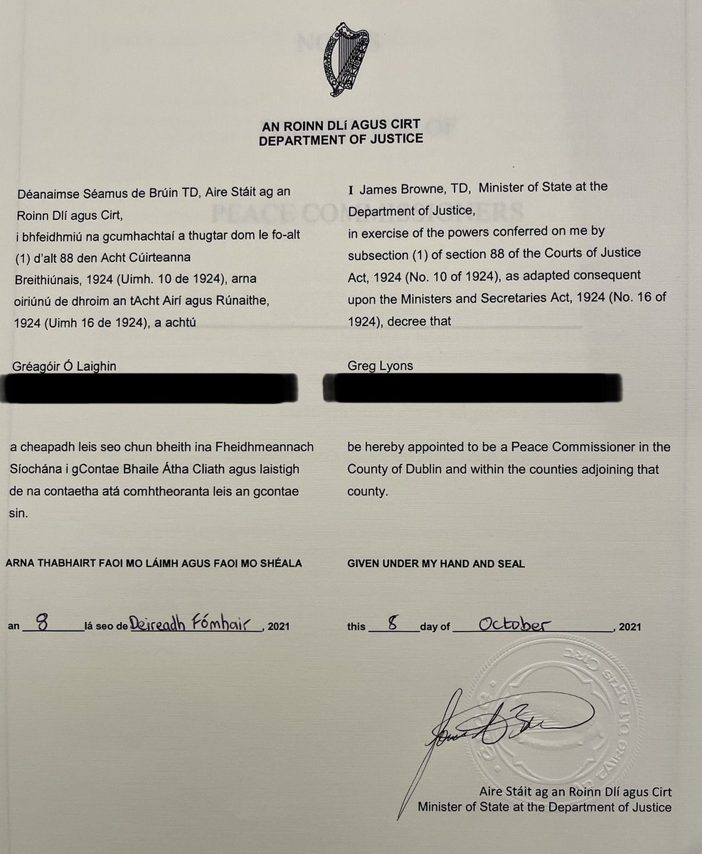 GregLyons11's tweet photo. Received this Warrant of Appointment today from the Minister of State @JamesBrowneTD . @DeptJusticeIRL
Both honoured and delighted to be Appointed a Peace Commissioner for Dublin & adjoining counties.#peacecommissioner https://t.co/30aHHDwxTv
