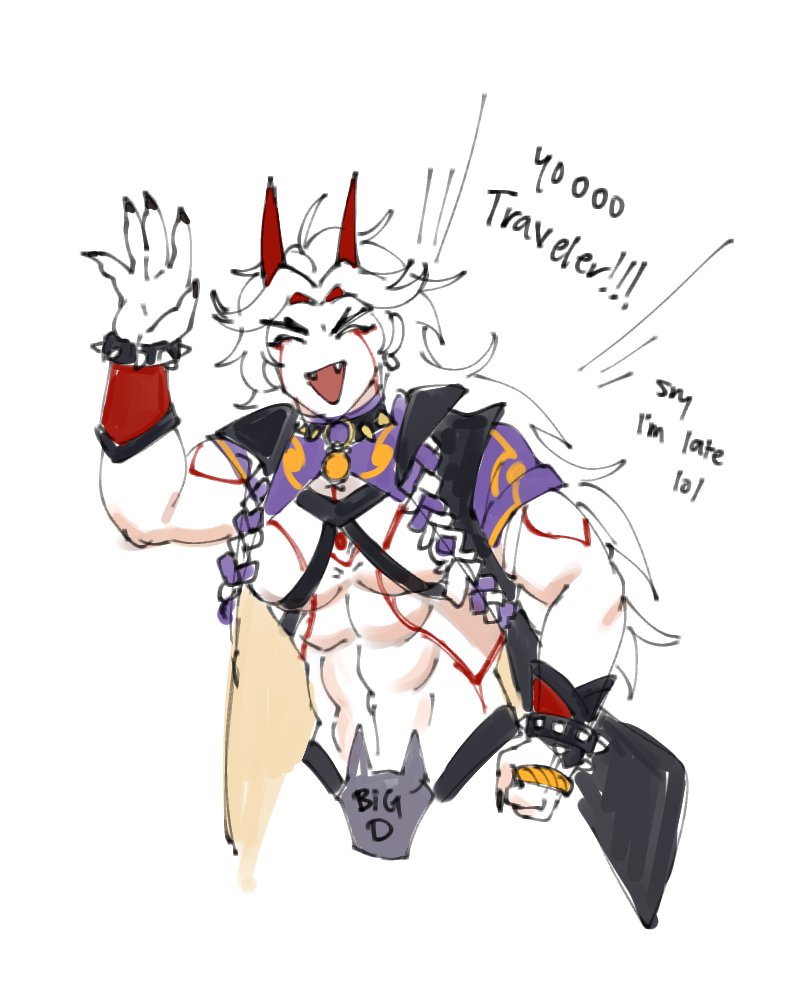 fiendelux's tweet photo. if itto's model doesn't have boob jiggle physics in-game does he really have boobs at all #Itto #genshin https://t.co/H0nE8meZkr