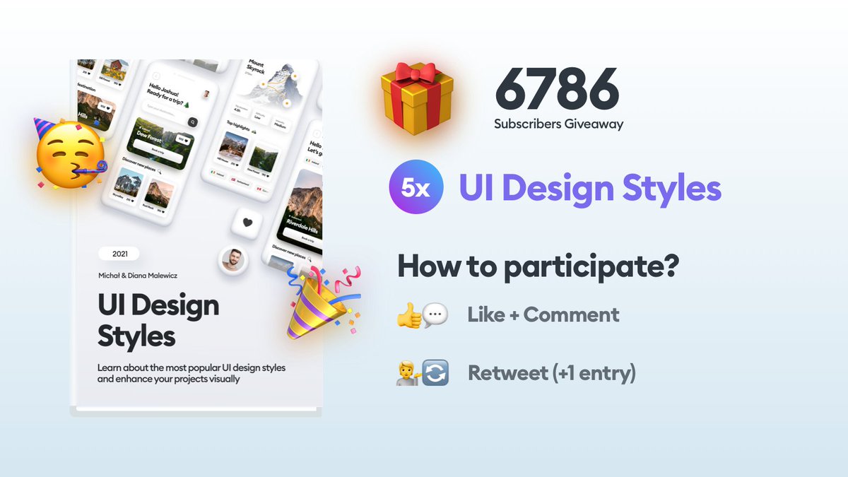 🚨 Giveaway Time! 🚨

Today's giveaway is for "UI Design Styles 2021" ($35 value) - which is going live TONIGHT! 🥳

Neumorphism, Glassmorphism, Dark Mode, Flat UI, Modern Minimal and more!

For a chance to win:

💬 Like and comment on this tweet
🔄 Retweet for an extra entry