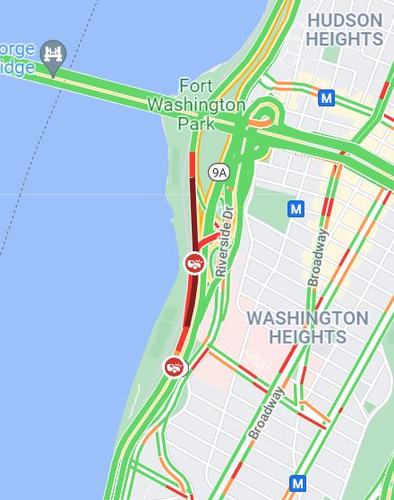 1010stewart's tweet photo. #Manhattan...SB #WestSideHighway / #HenryHudsonParkway after #GeorgeWashingto Bridge accident with injuries left lane blocked. @WINSTRAFFICNYC @1010WINS @NYC_DOT https://t.co/V0obtJenfD